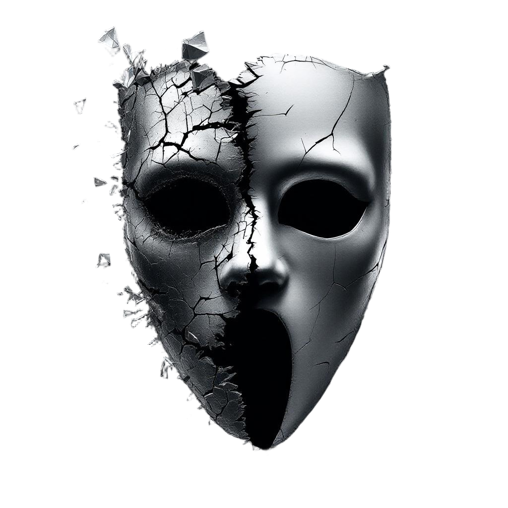 A dark phantom opera mask floating in shadows, one half pristine one half shatte