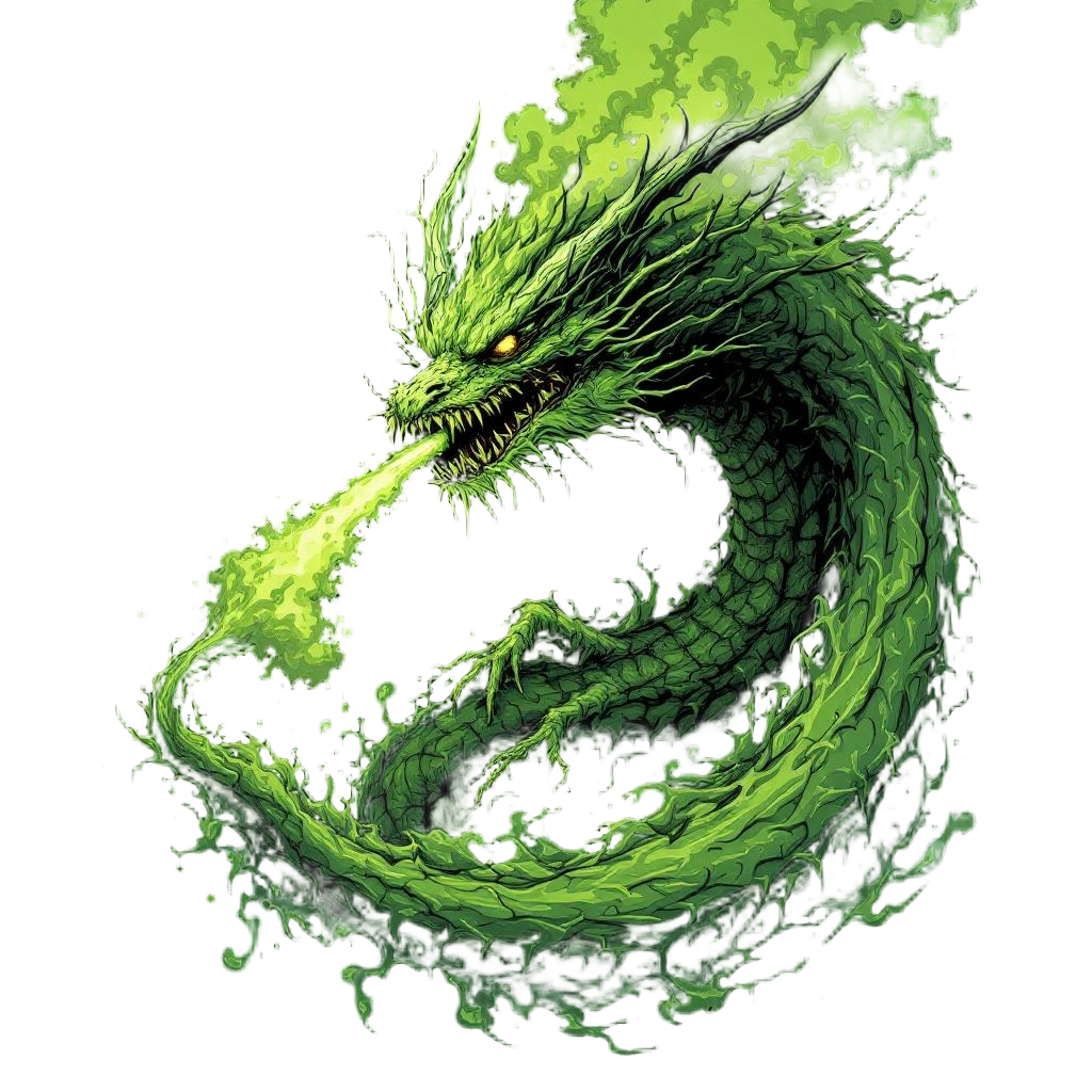 A sickly green plague dragon exhaling toxic clouds, diseased and terrifying, bio