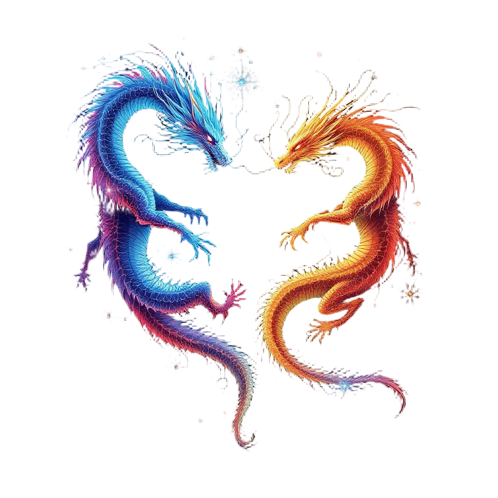 Two dragons quantum entangled, mirror images in different colors, connected by c