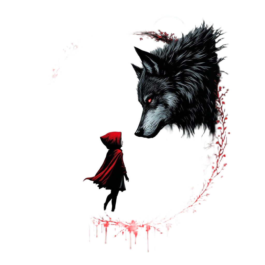 A dark retelling of Red Riding Hood — the wolf and girl as allies against someth