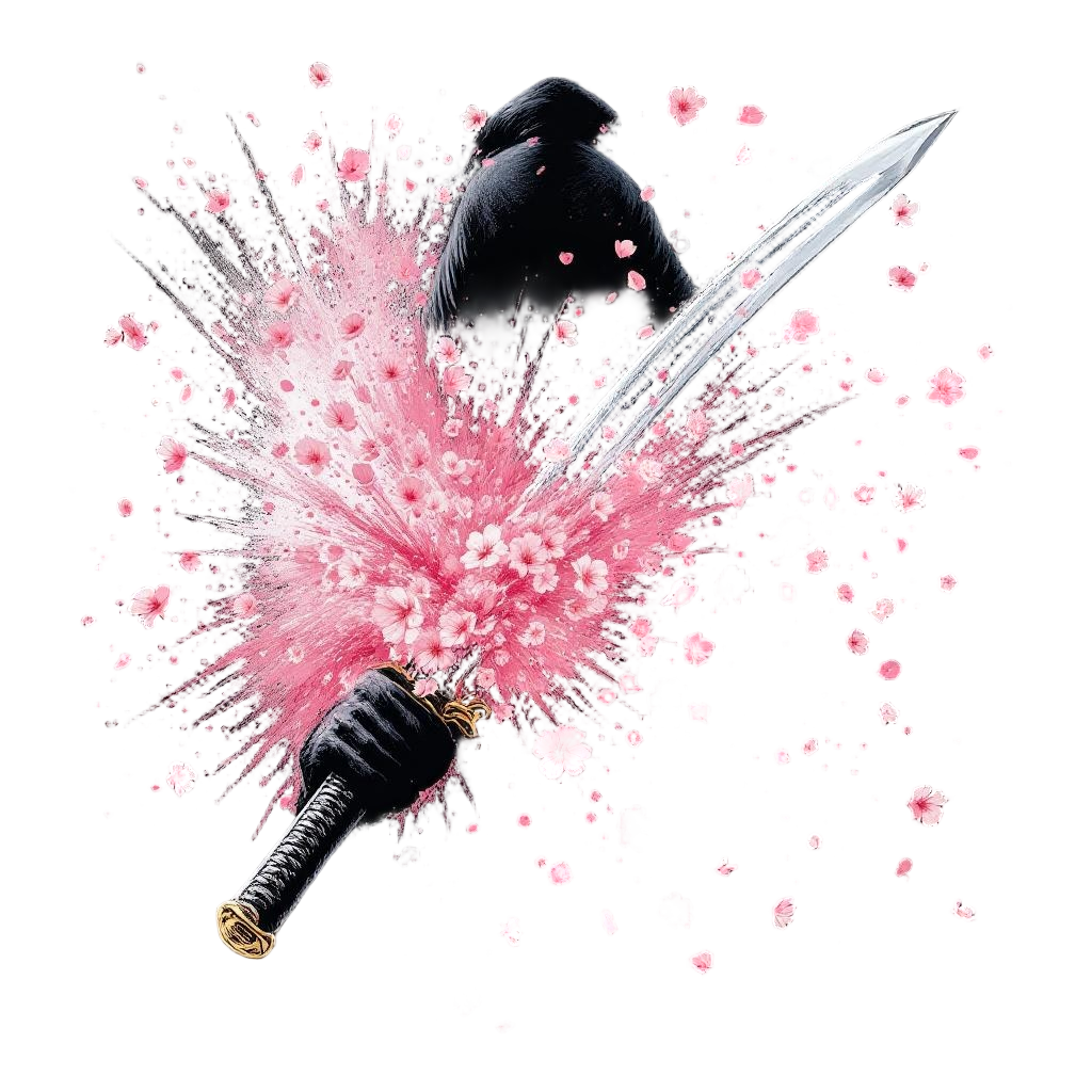 A ronin's katana slash releasing an explosion of cherry blossom petals, beauty i