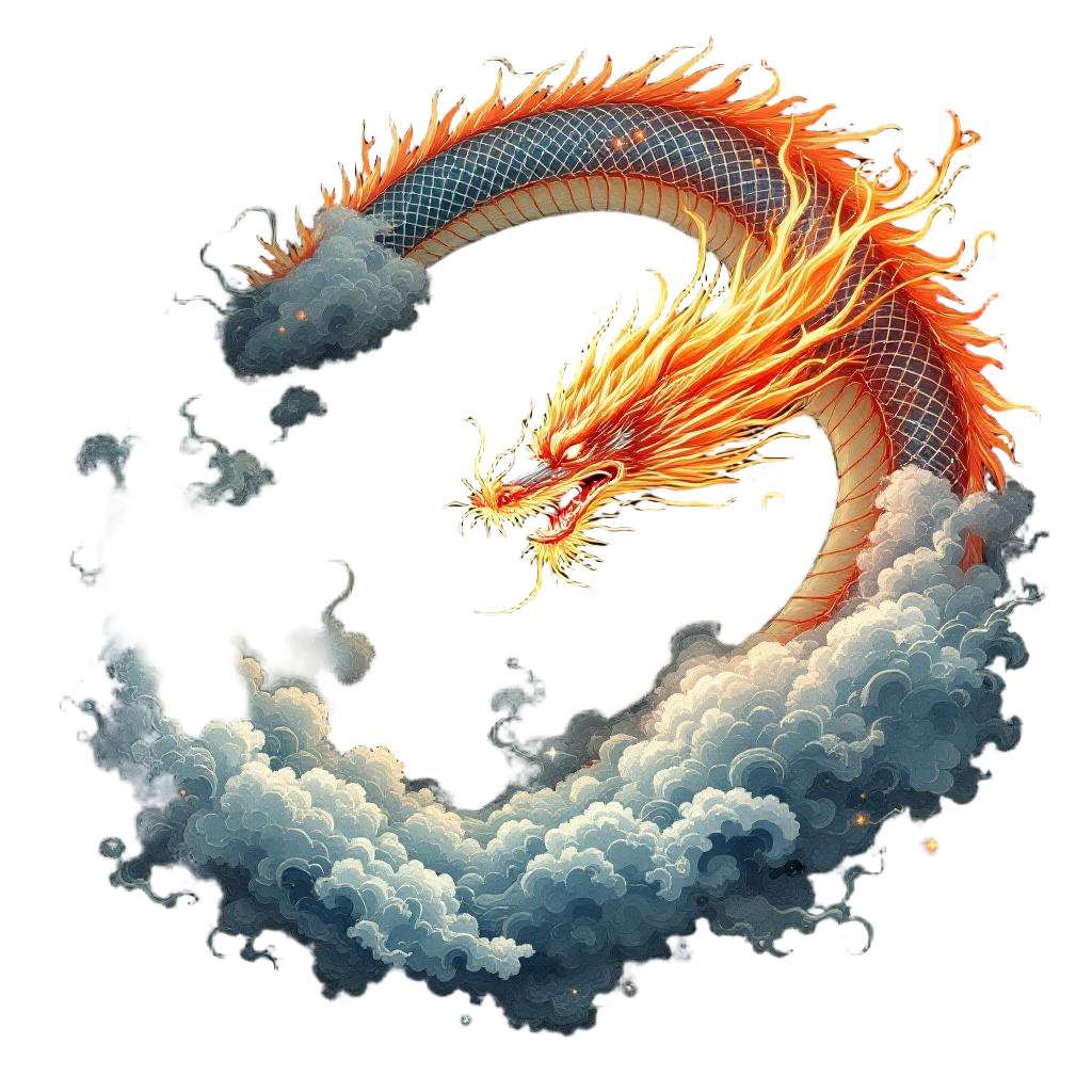An Eastern serpent dragon chasing the flaming pearl through clouds, traditional 
