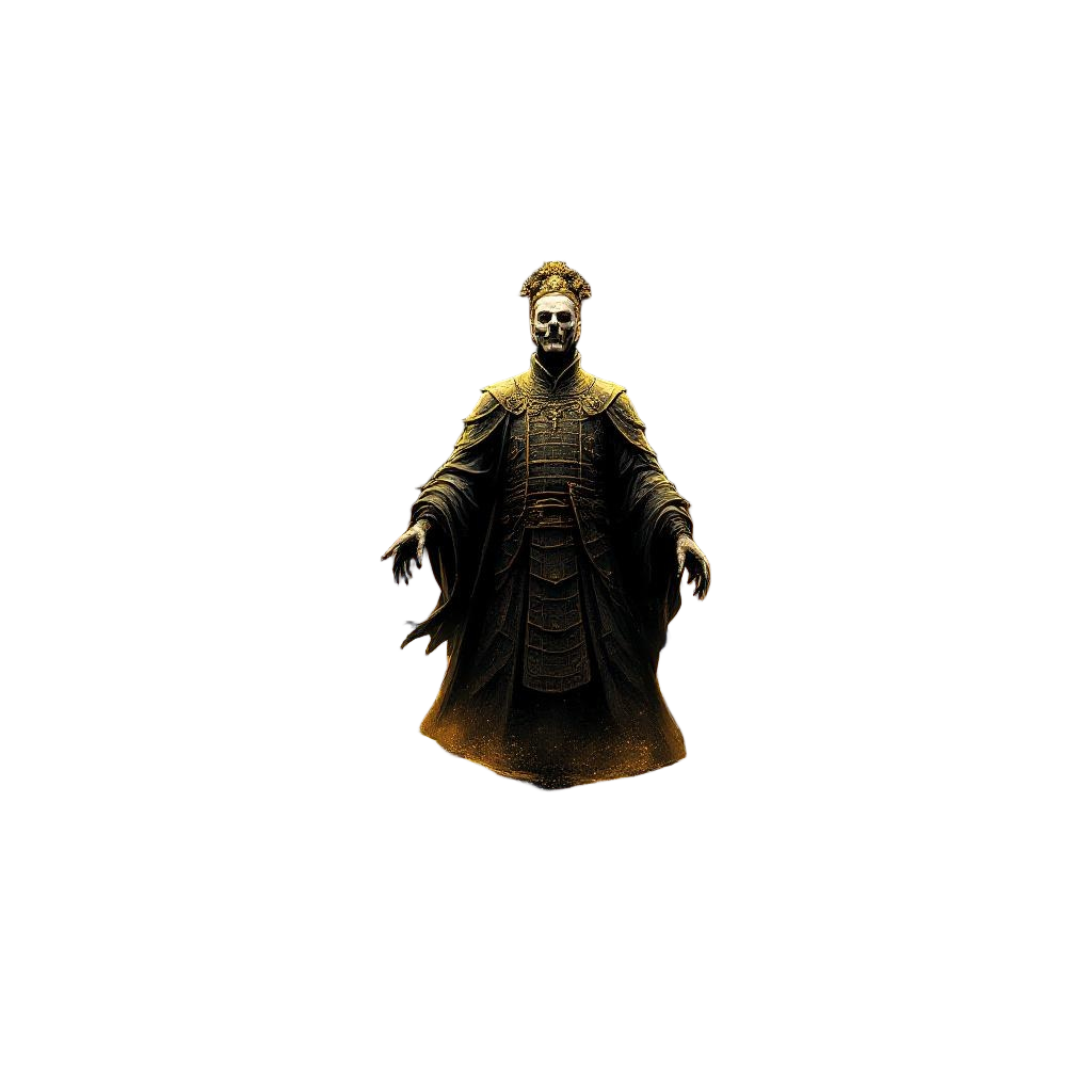 An undead Chinese emperor rising from a golden tomb, terracotta warriors awakeni