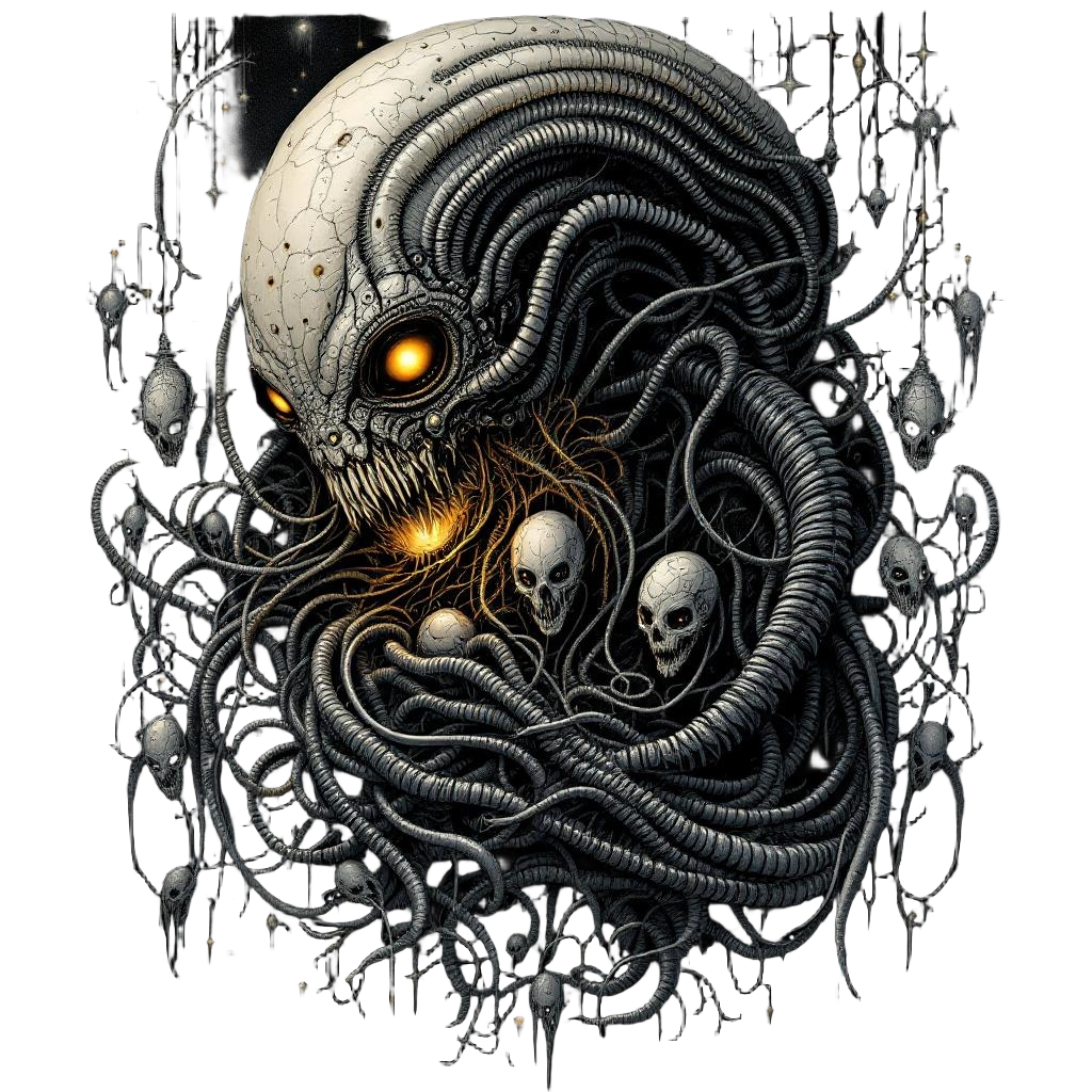 A biomechanical alien queen in her hive, eggs and facehuggers, HR Giger-inspired