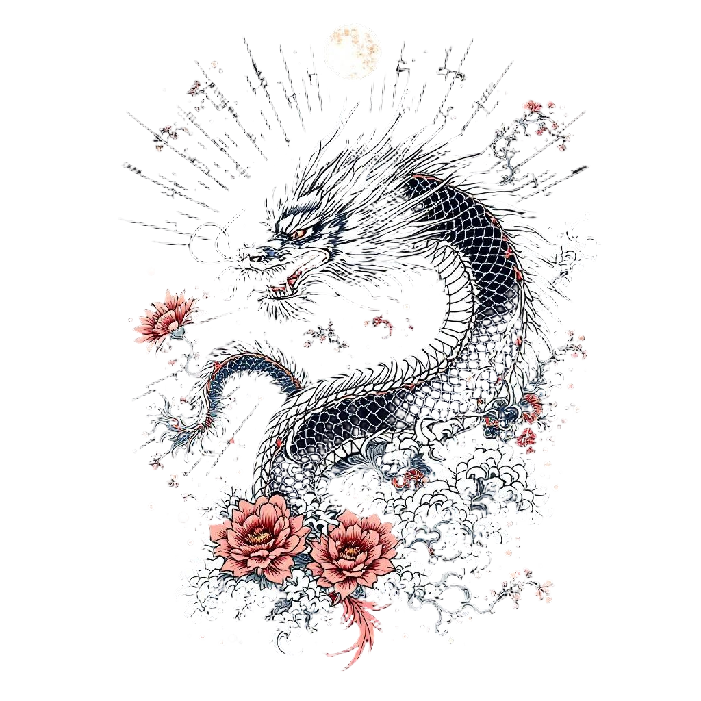 A full traditional yakuza back tattoo design with dragon, waves, wind bars, and 