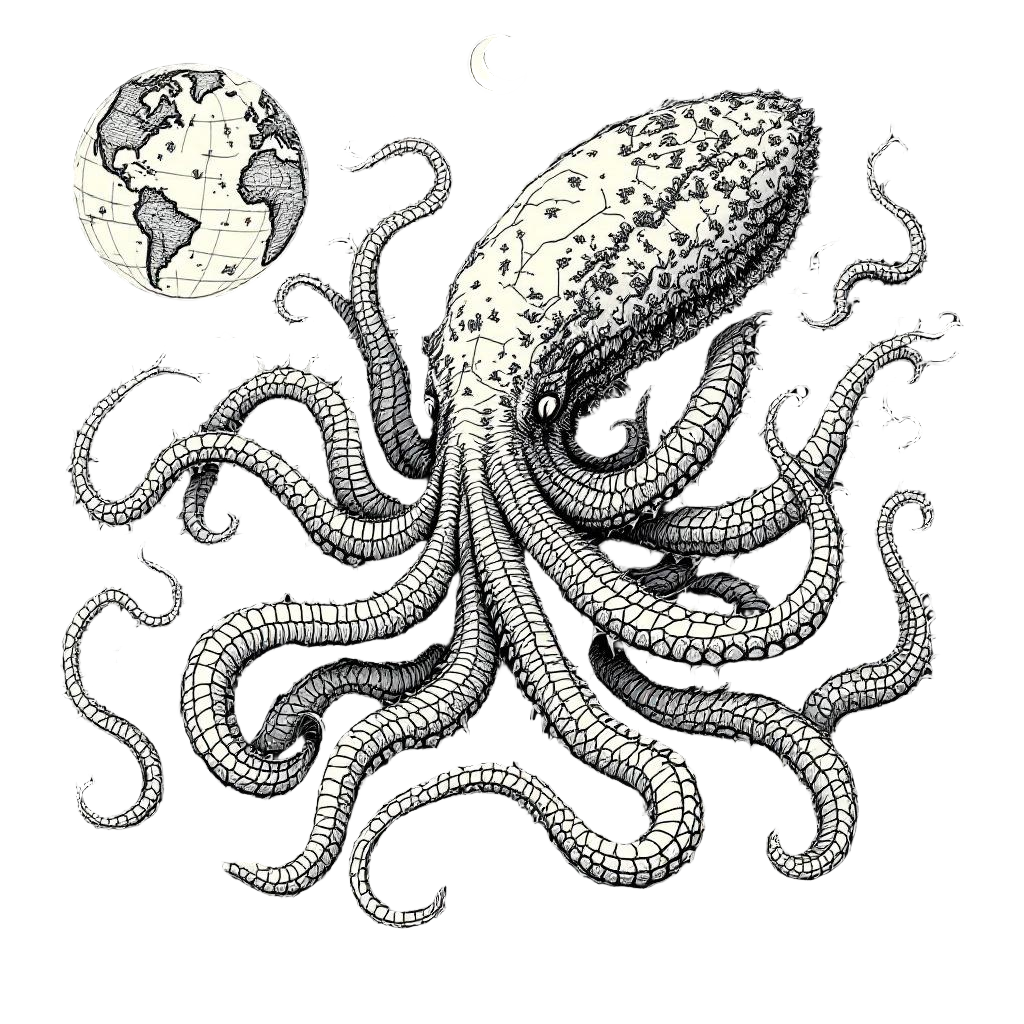 A kraken drawn in old map cartography style, sea monsters at the edge of the kno