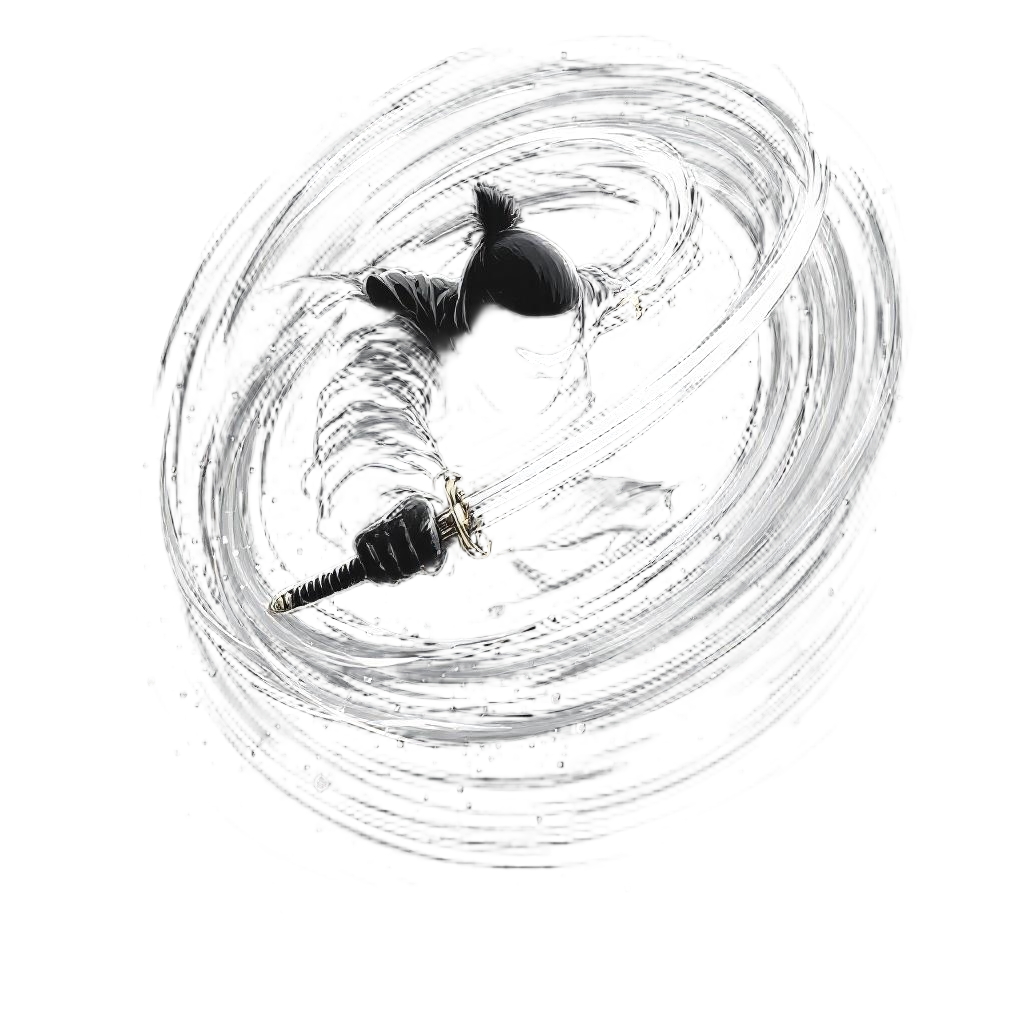 A blade master wielding dual katanas in a spinning strike, motion blur showing t