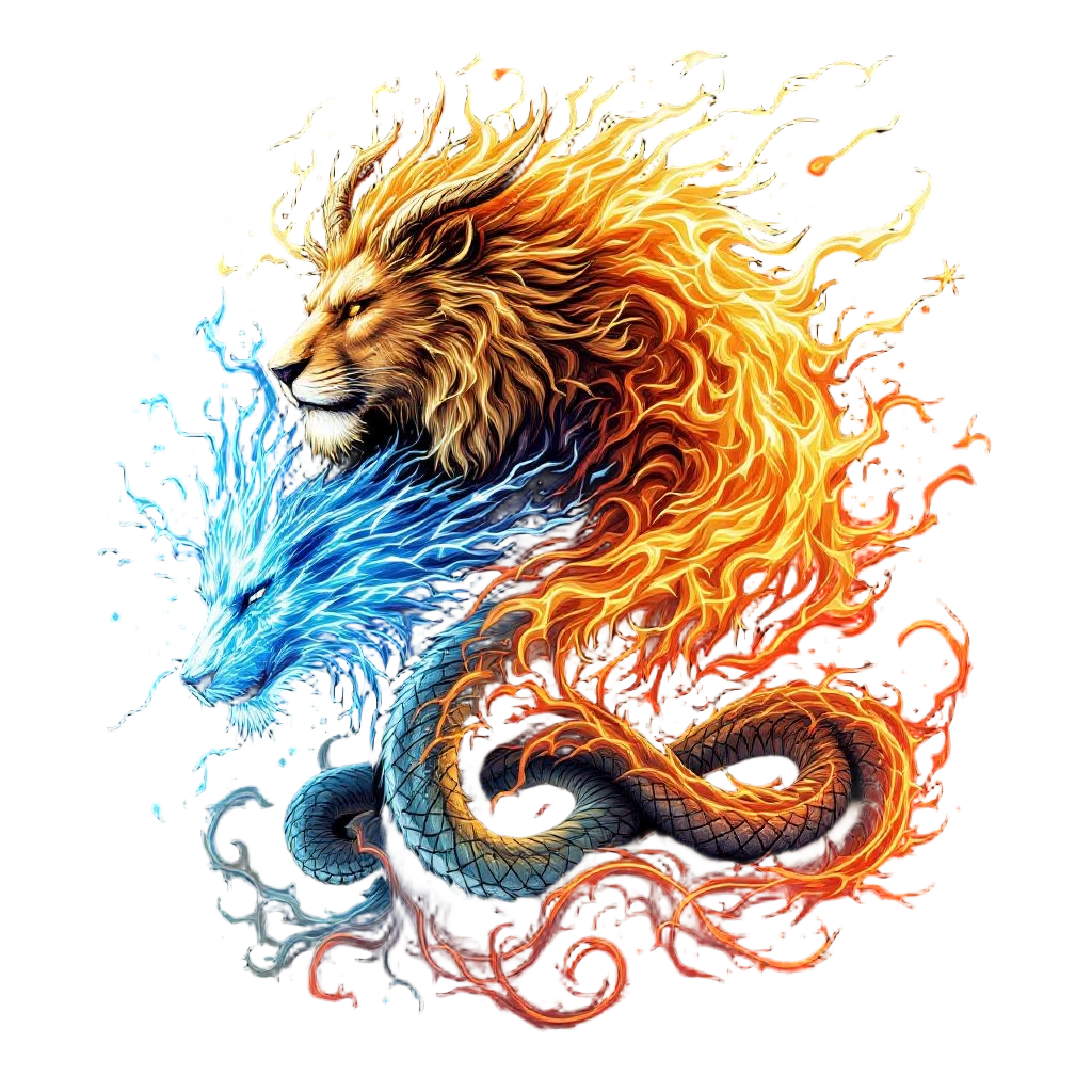 A chimera with fire-breathing lion head, ice-breathing goat head, and venomous s