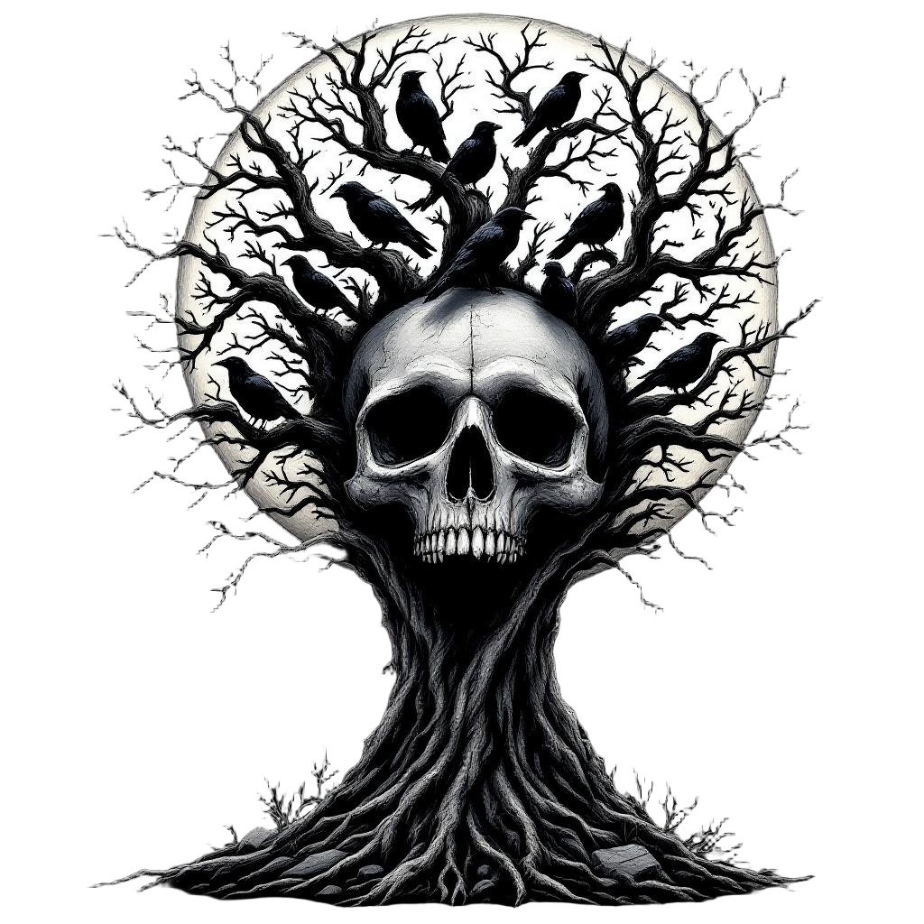 A murder of crows roosting in a dead tree growing from a giant skull, gothic cem