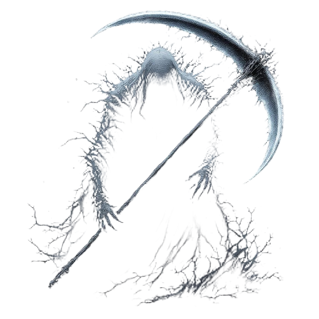 A shadow entity wielding a massive scythe made of darkness itself, death personi
