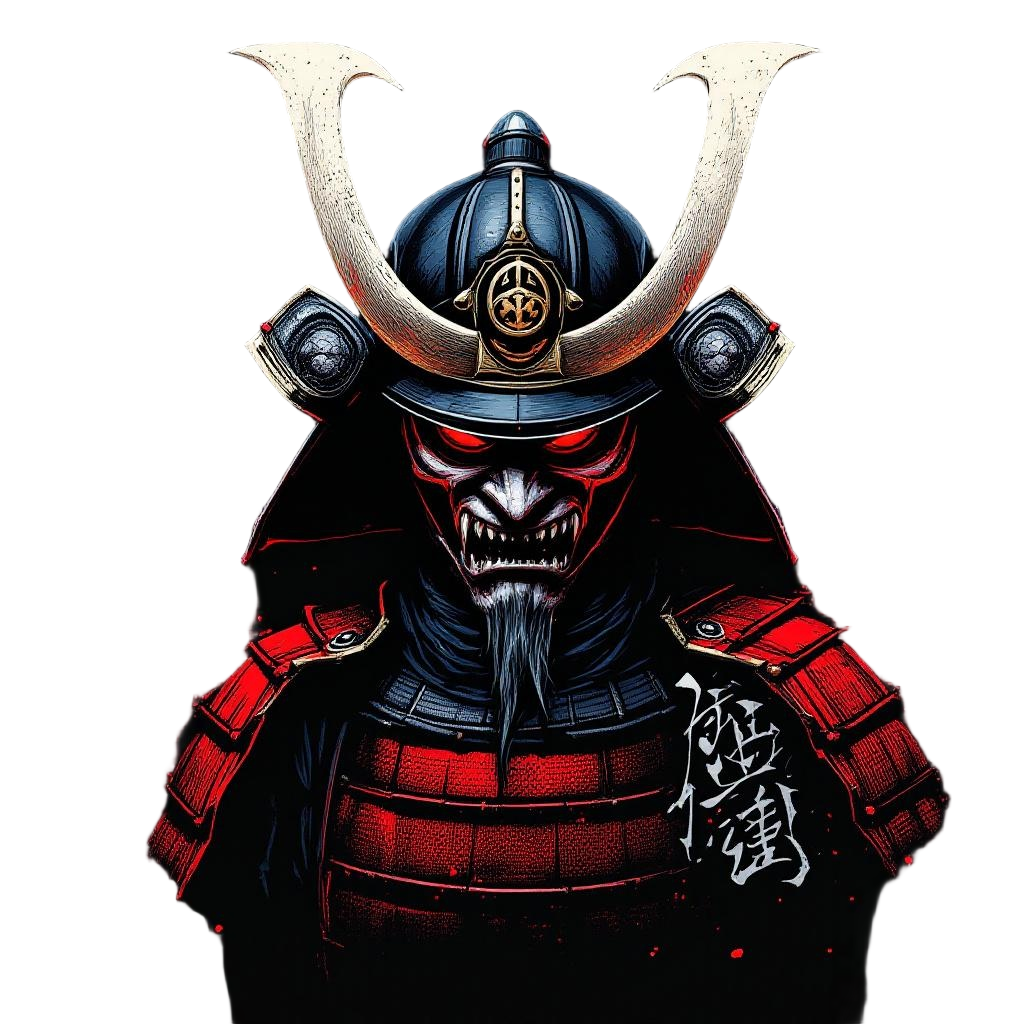 A demon samurai wearing an oni-faced kabuto helmet, dark crimson armor, evil war