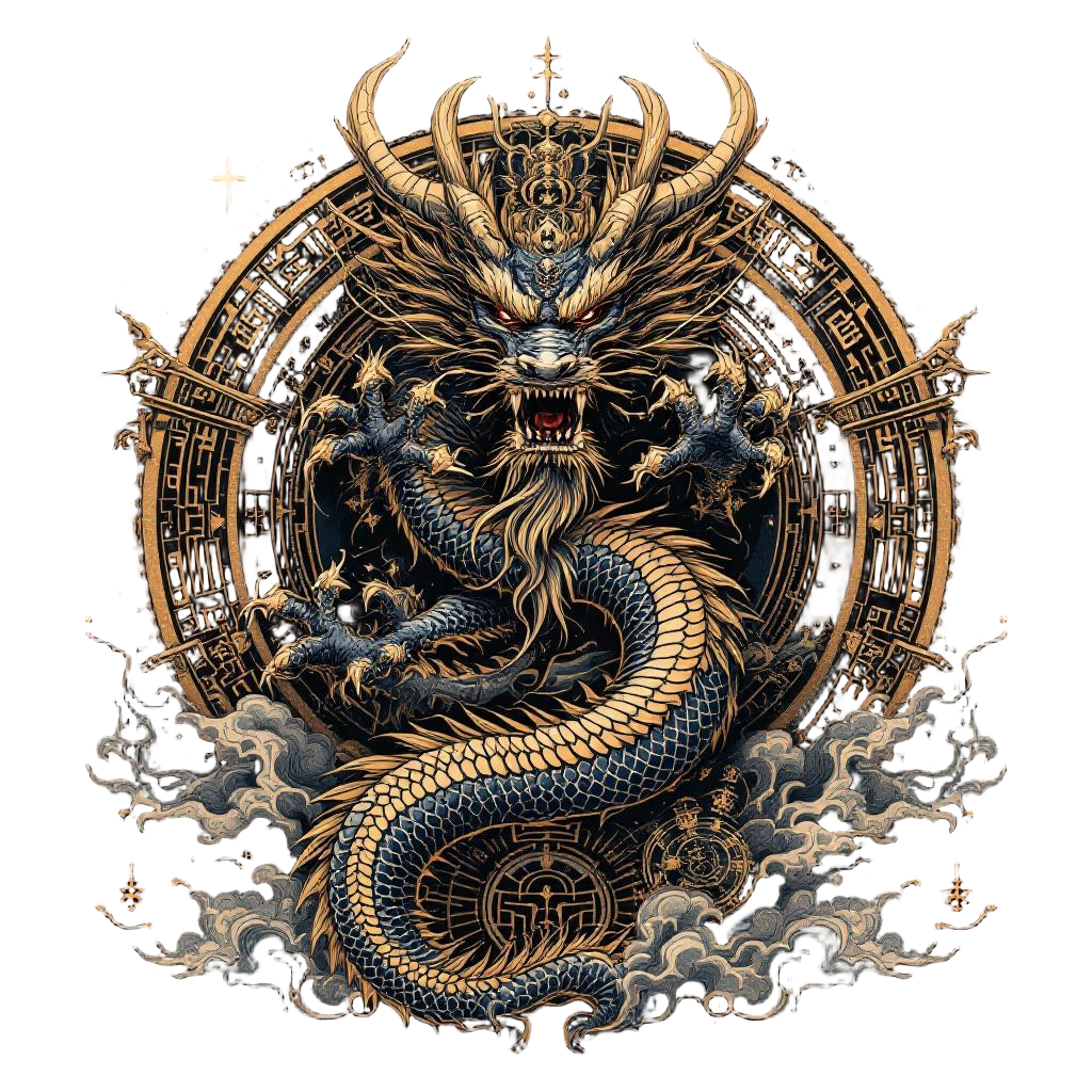The ultimate Chinese dragon emperor with five claws, surrounded by imperial symb