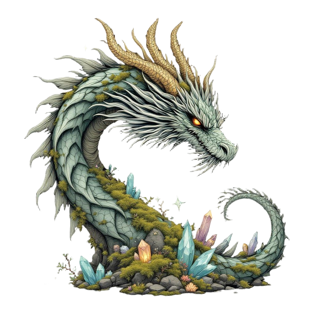 An Impossibly Ancient Dragon with Moss and Crystals Growing on Its Scales