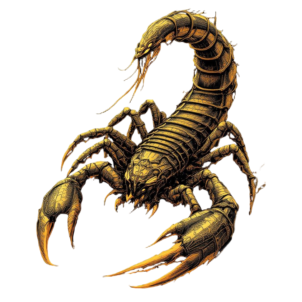 A giant emperor scorpion in golden samurai armor, desert warrior, deadly eleganc