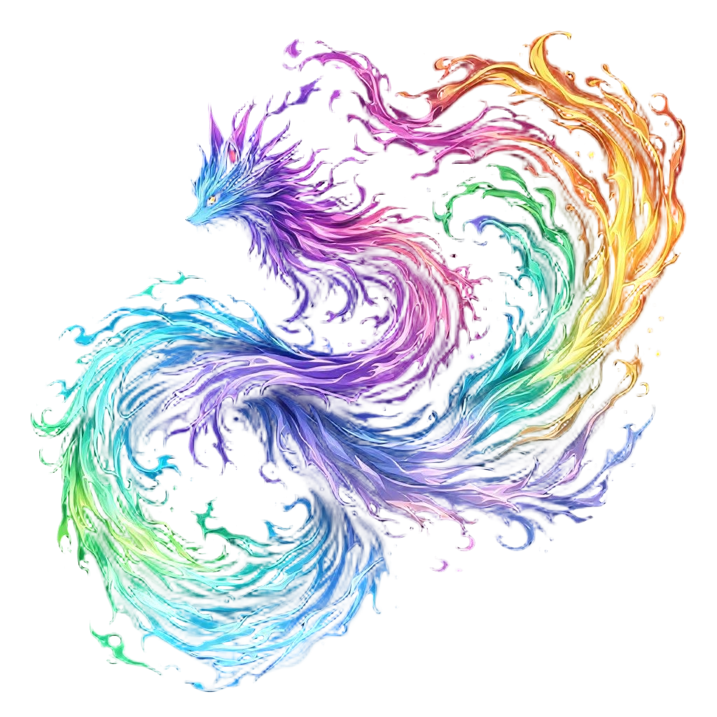 A nine-tailed kitsune with each tail made of a different type of flame — blue, g