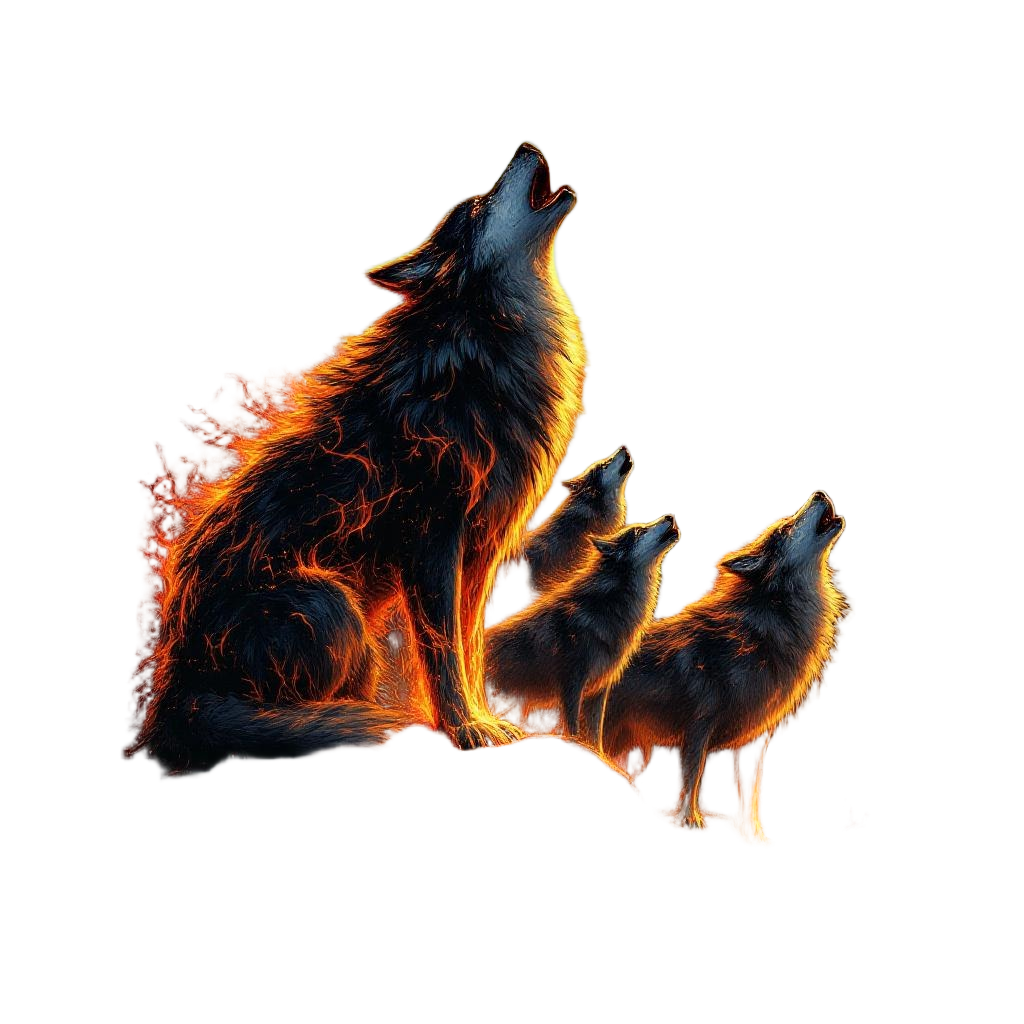 An alpha wolf made of living fire howling at the moon, pack of fire wolves behin