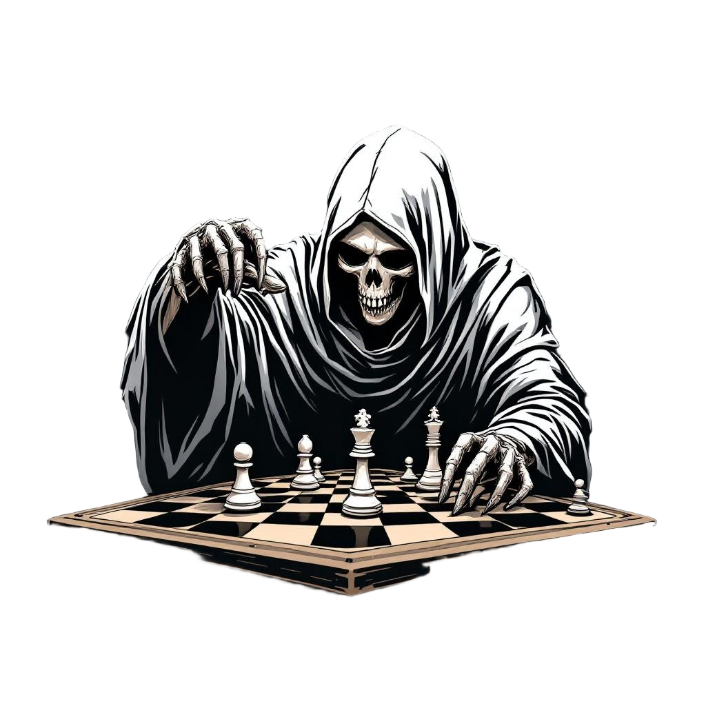 The Grim Reaper playing chess, reaching for the white king piece, death checkmat