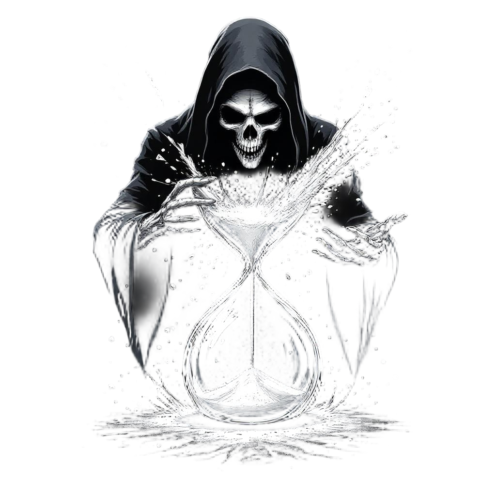 The Grim Reaper shattering an hourglass, time sand exploding outward, death stop