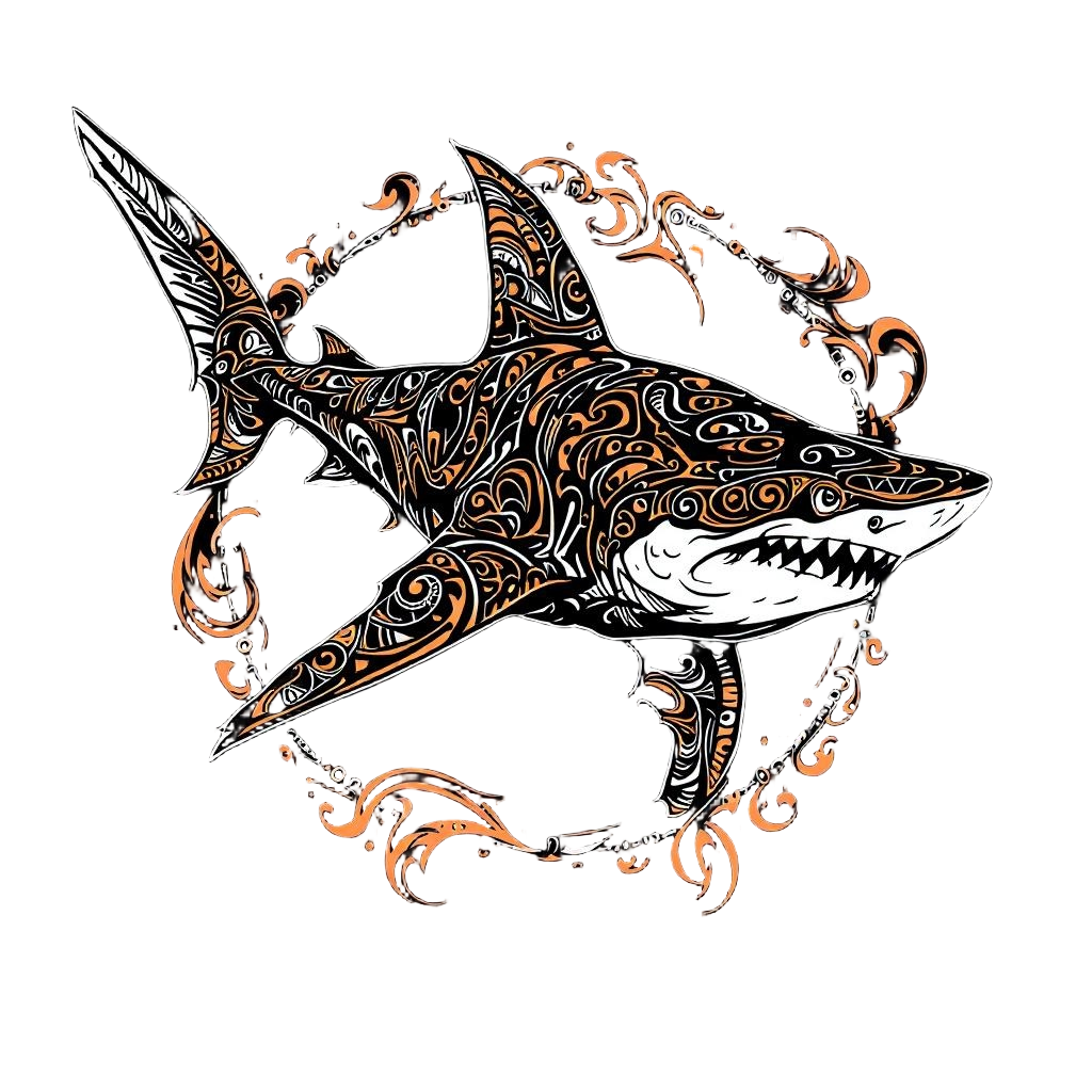 A hammerhead shark in tribal Polynesian tattoo art style, ocean warrior spirit, 