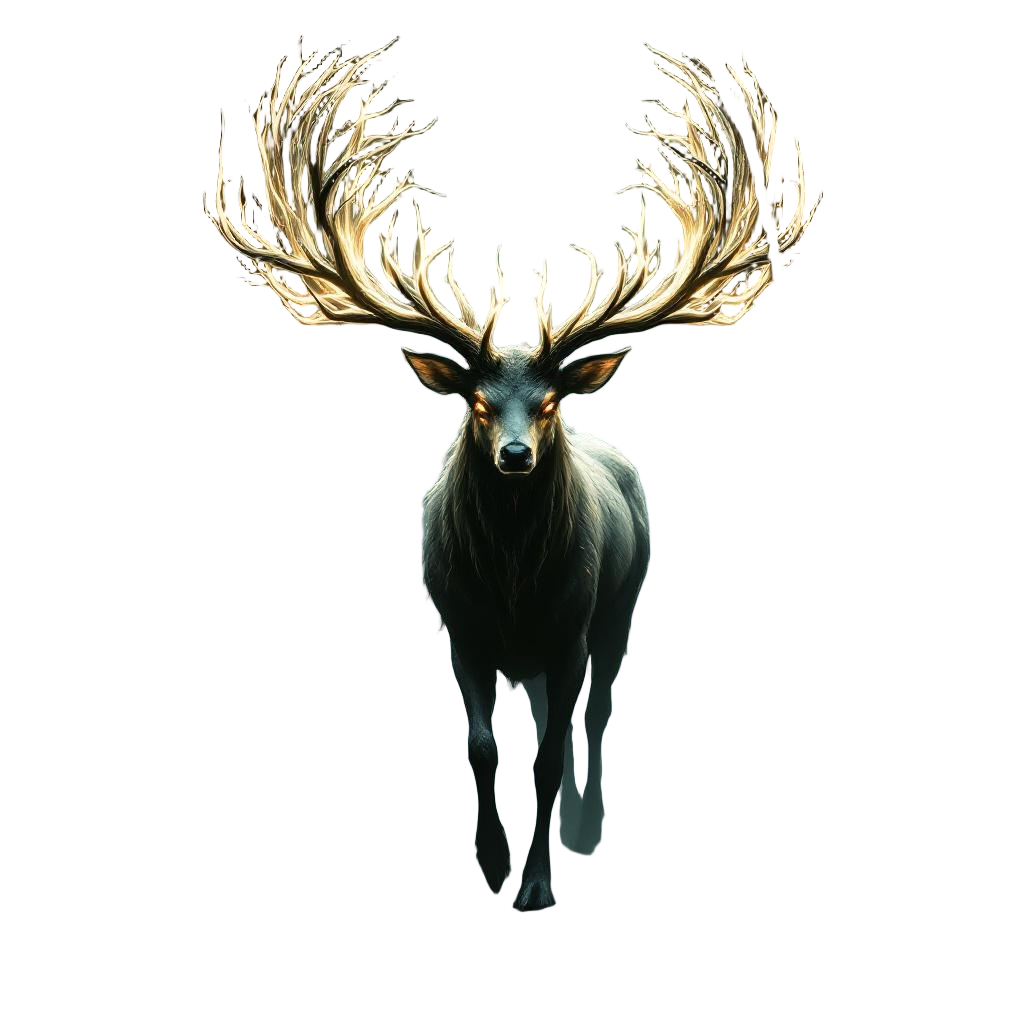 A Spectral Deer with Massive Glowing Antlers Walking Through a Haunted Misty for