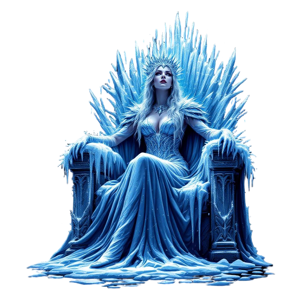 An ice empress on a throne of frozen crystals, crown of icicles, commanding wint