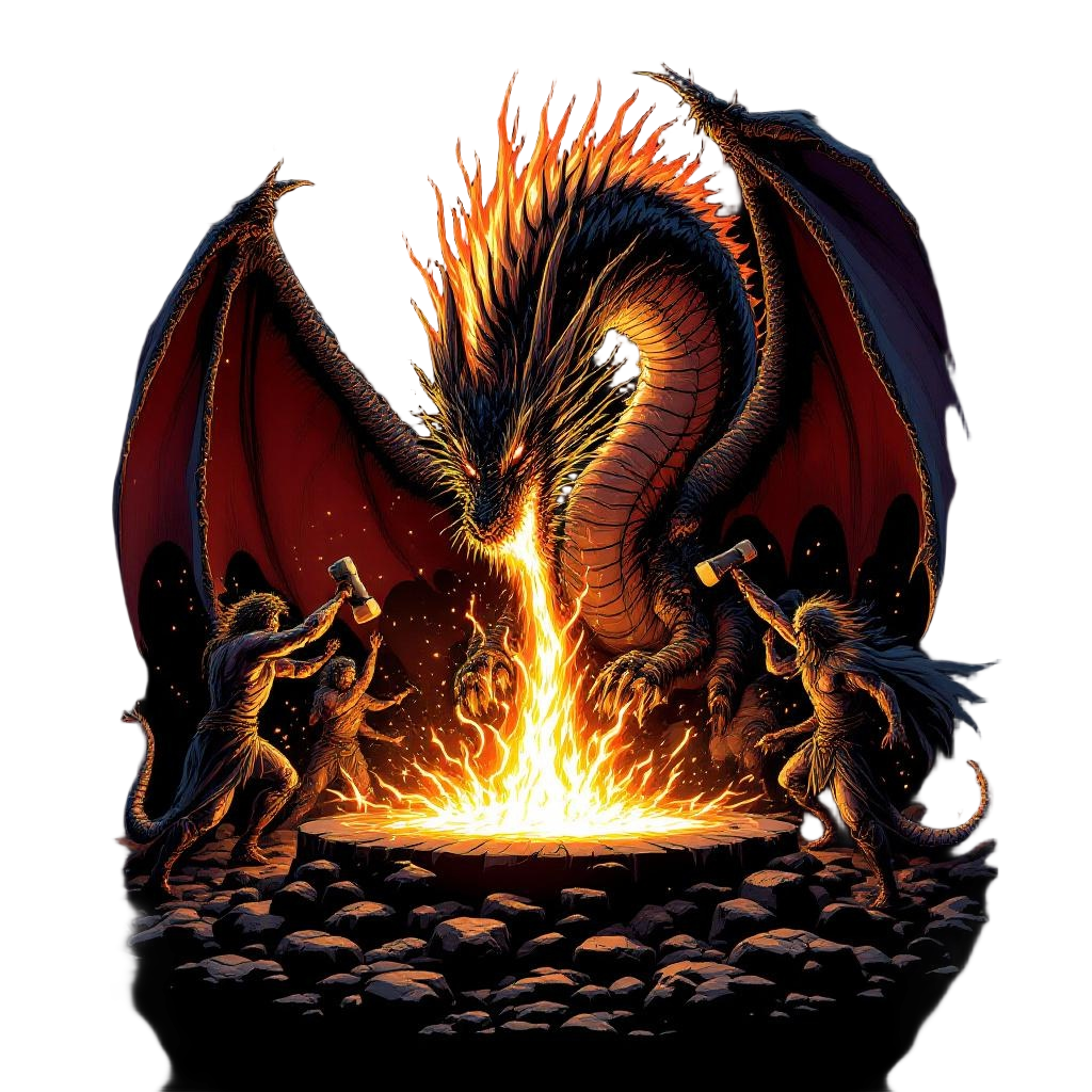 A dragon being forged from molten iron in a giant forge, hammers of gods shaping