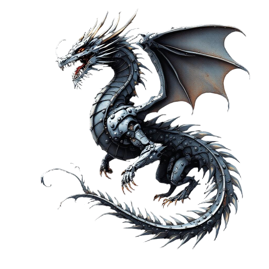 A dragon made of industrial iron and steel, rivets and welding marks, factory-bo