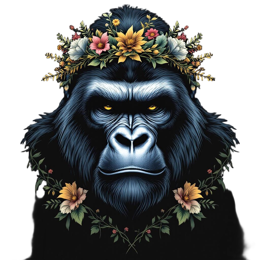 A Silverback Gorilla Wearing a Crown of Vines and Flowers