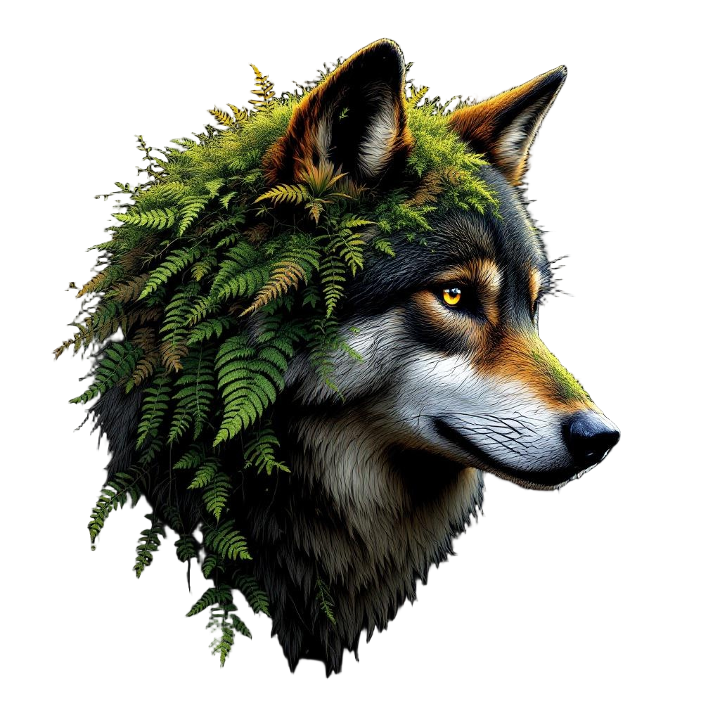 A wolf with moss and ferns growing from its fur, one with the jungle, nature rec