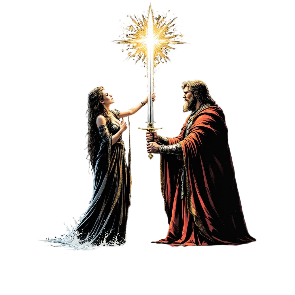 King Arthur receiving Excalibur from the Lady of the Lake, magical sword of dest