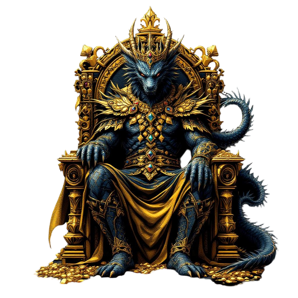 A dragon king seated on a golden throne made of treasure, crown of gems, ruler o