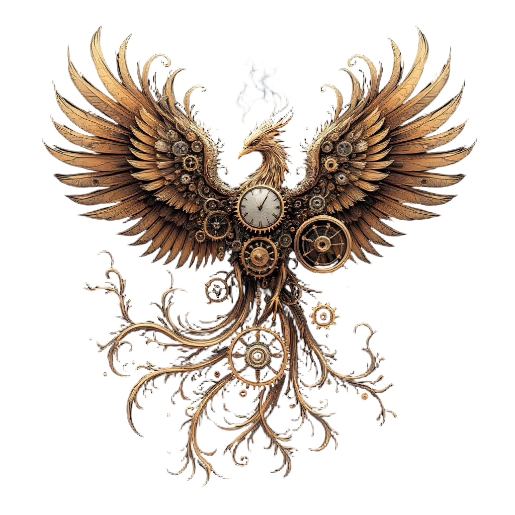 A phoenix made of clockwork gears and copper, steam rising from its wings, steam