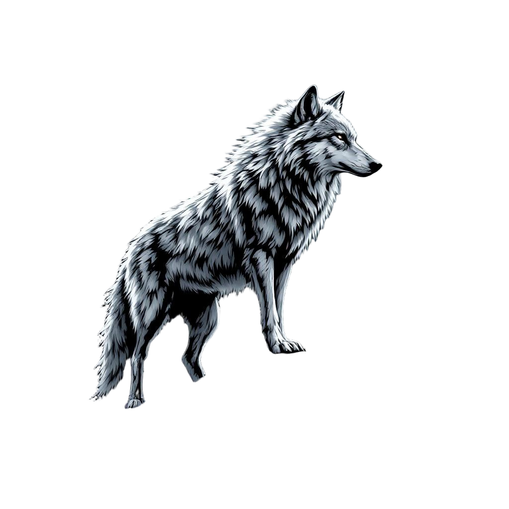 A massive silver wolf standing on a cliff with the full moon behind creating a p