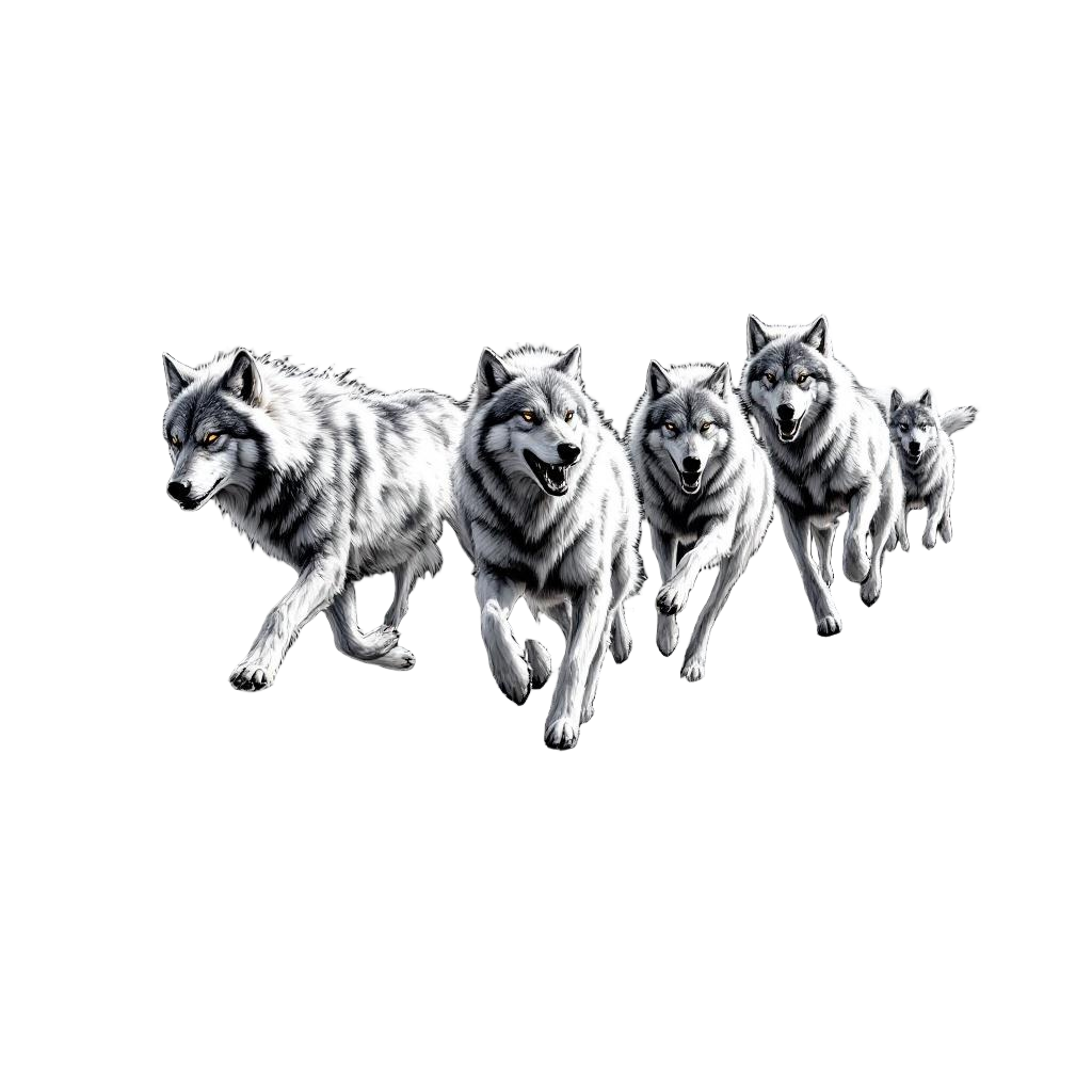 A pack of silver wolves running across the surface of the moon, lunar wolves, co