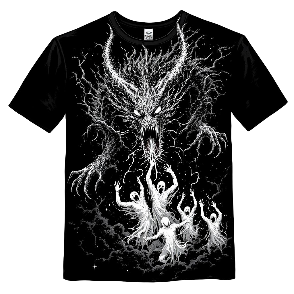 A necrotic dragon that feeds on souls, ghostly spirits being drawn into its maw,