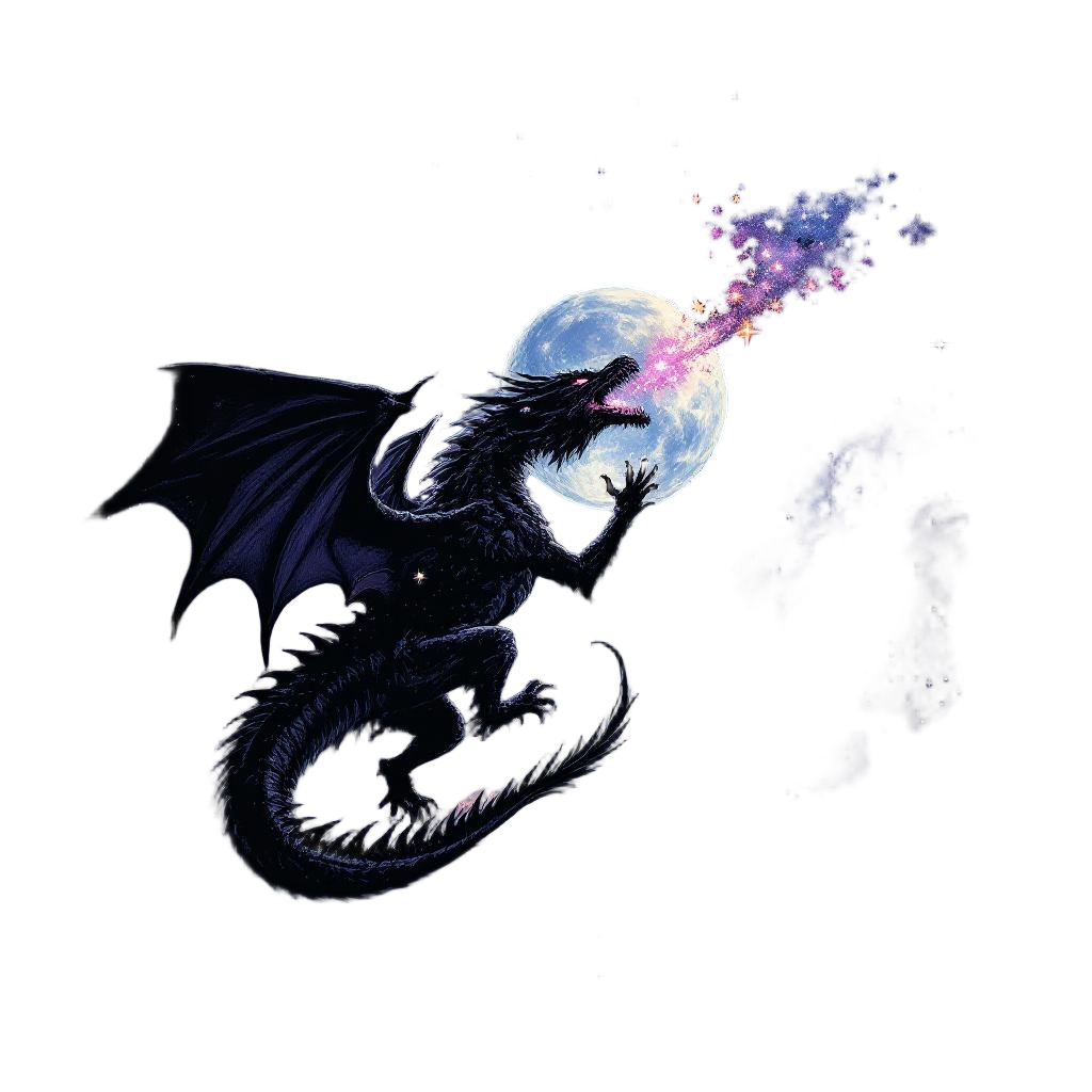A black dragon hunting through the night sky, catching and eating stars, cosmic 