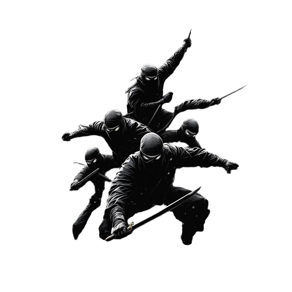 A squad of ninjas emerging from shadows in coordinated attack formation, shurike