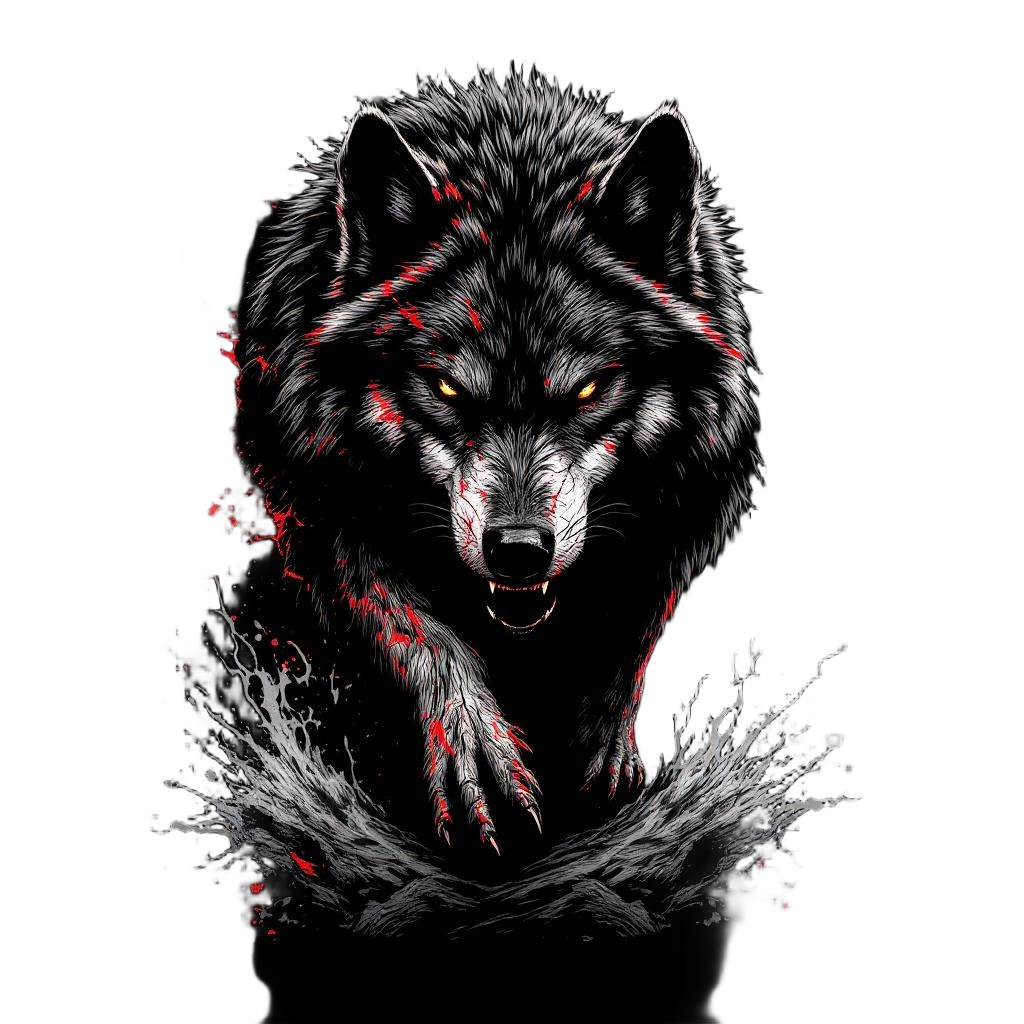 A battle-scarred wolf making its final stand, defiant against impossible odds, w