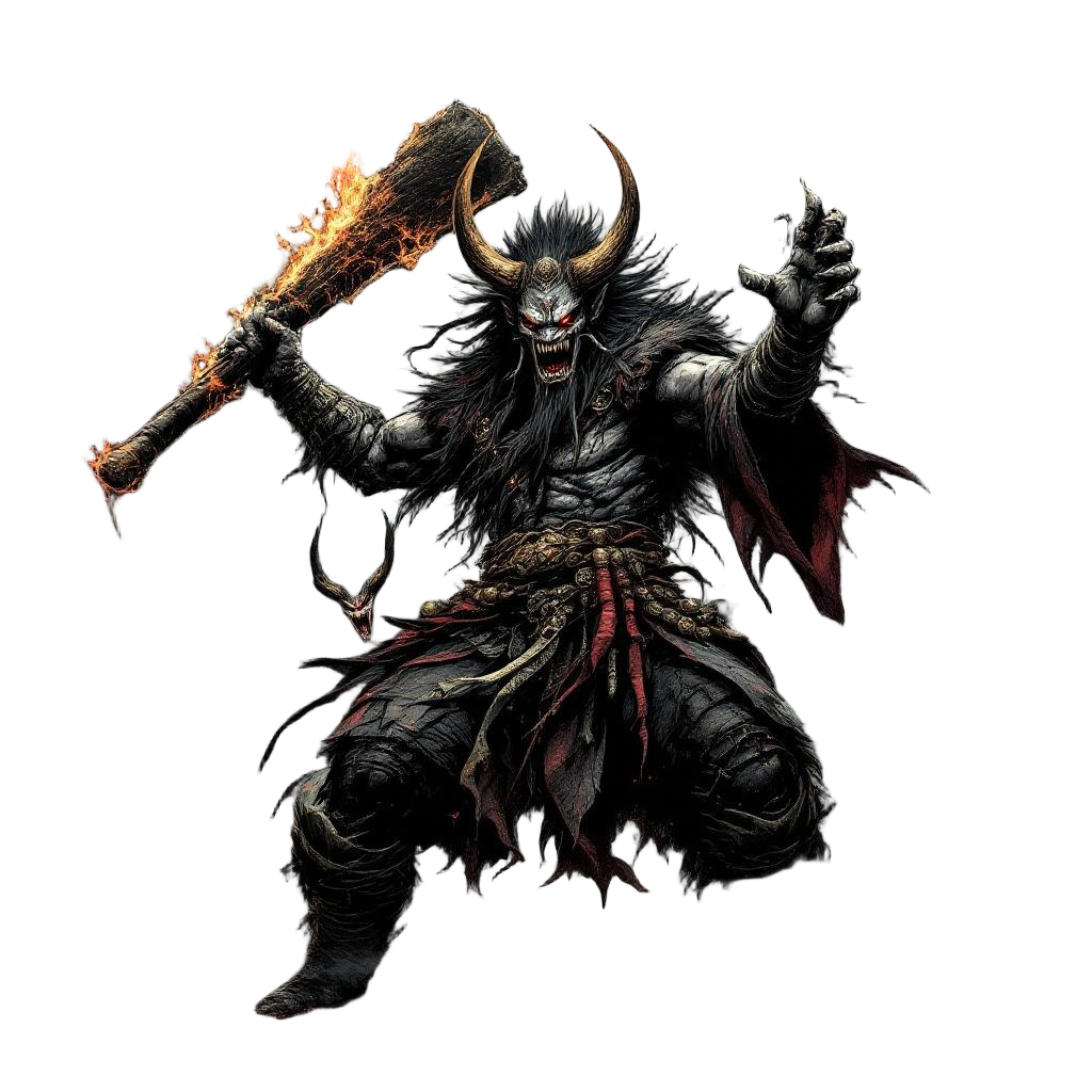 An Oni warlord leading a demon army, massive kanabo club, war drums thundering, 