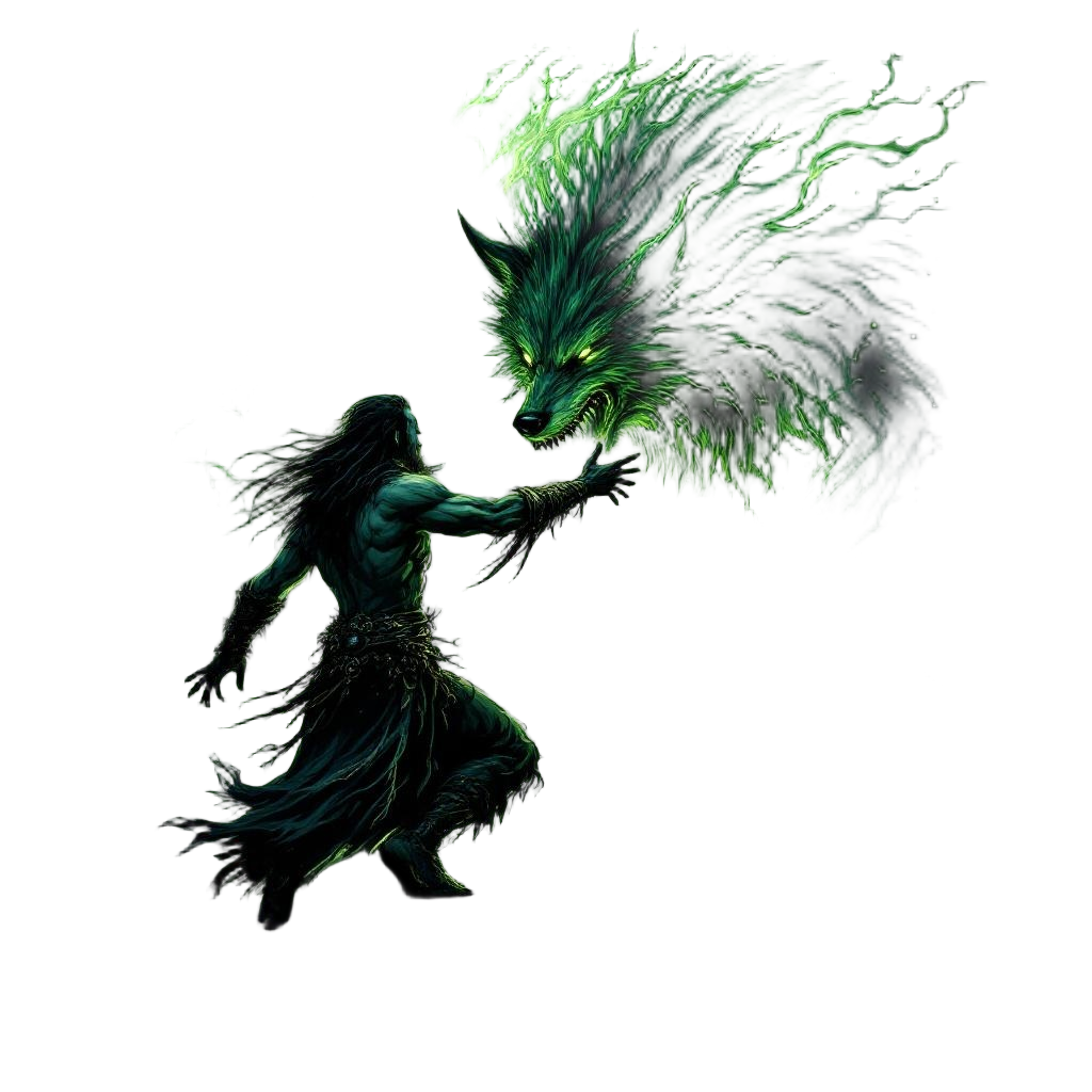 An orc shaman summoning a massive spirit wolf from green magical energy, tribal 
