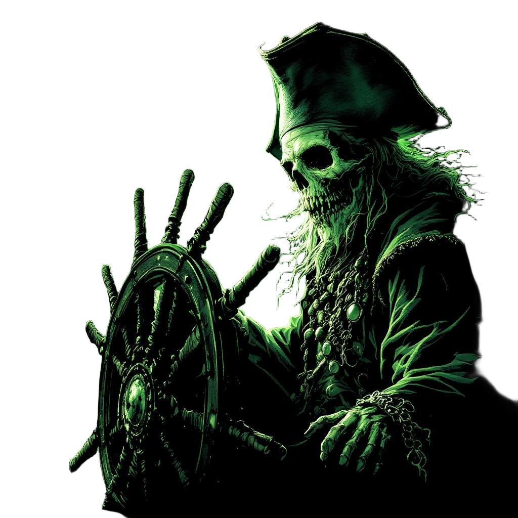 An undead pirate captain at the helm of a ghost ship, spectral green glow, curse