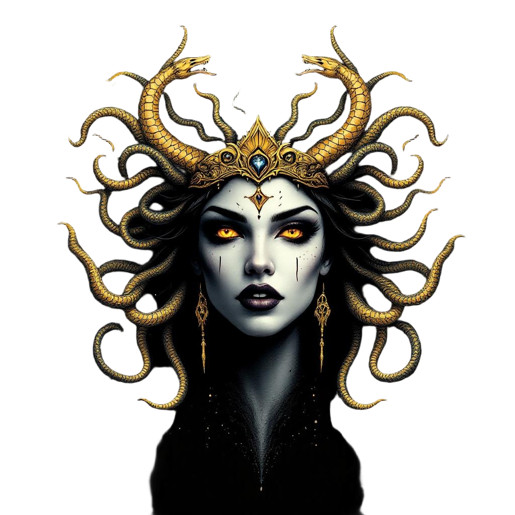 Medusa as a queen with a crown of golden snakes, not a monster but a ruler, dark