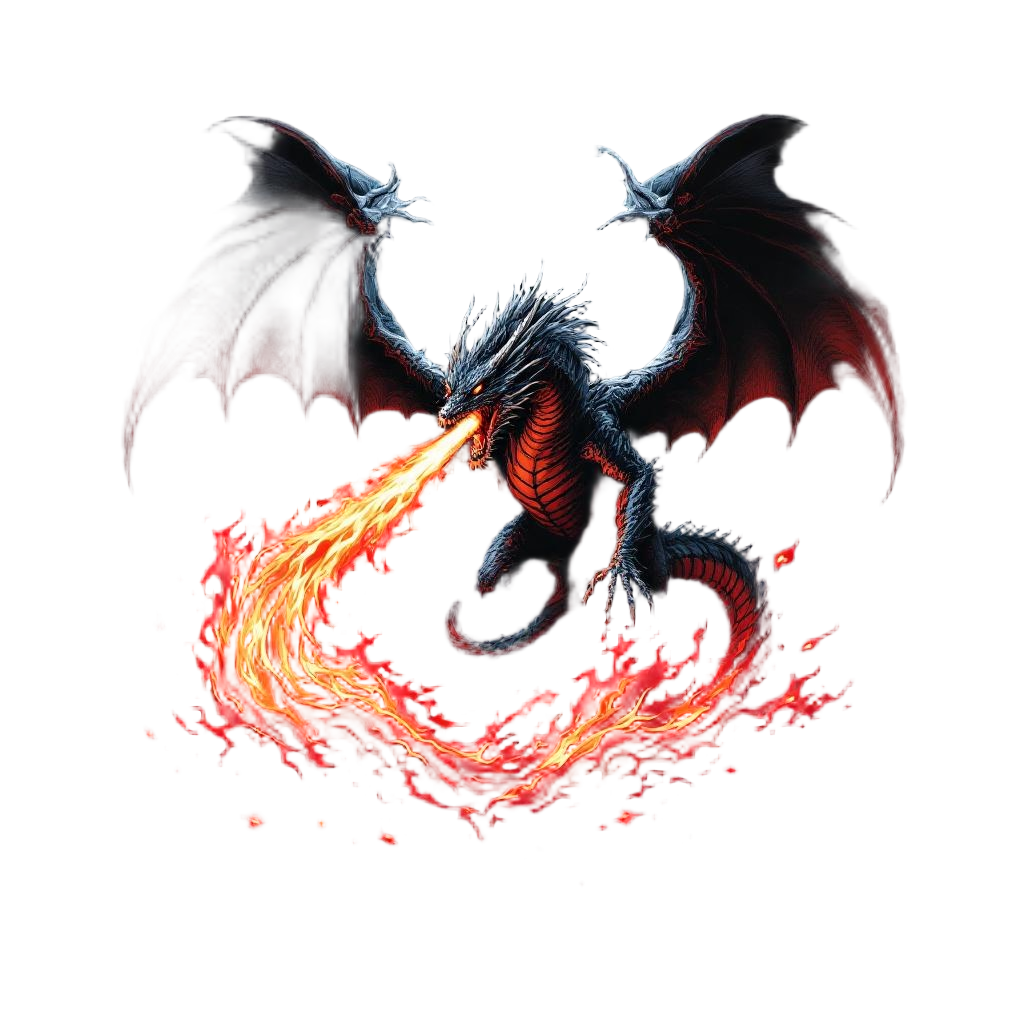 A dragon in full rage breathing an enormous stream of fire, wings spread, ultima