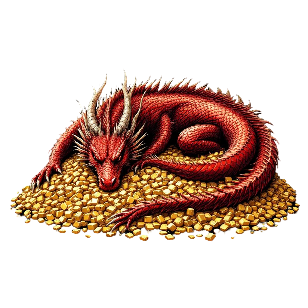 A massive red dragon sleeping on an enormous pile of golden treasure, classic fa