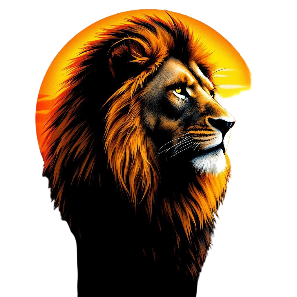 A Regal African Lion with a Magnificent Mane Silhouetted Against a Golden Sunset