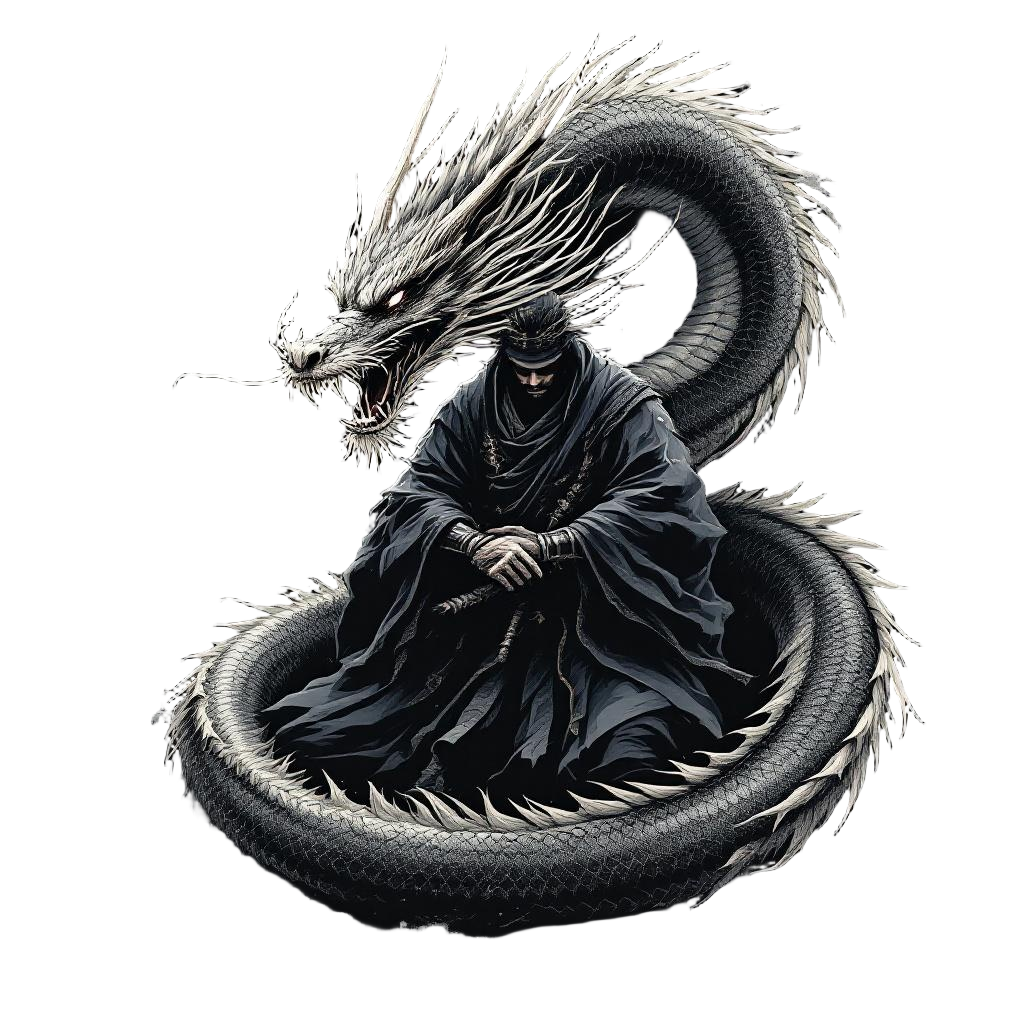 A samurai with a spirit dragon coiled protectively around them, warrior and beas