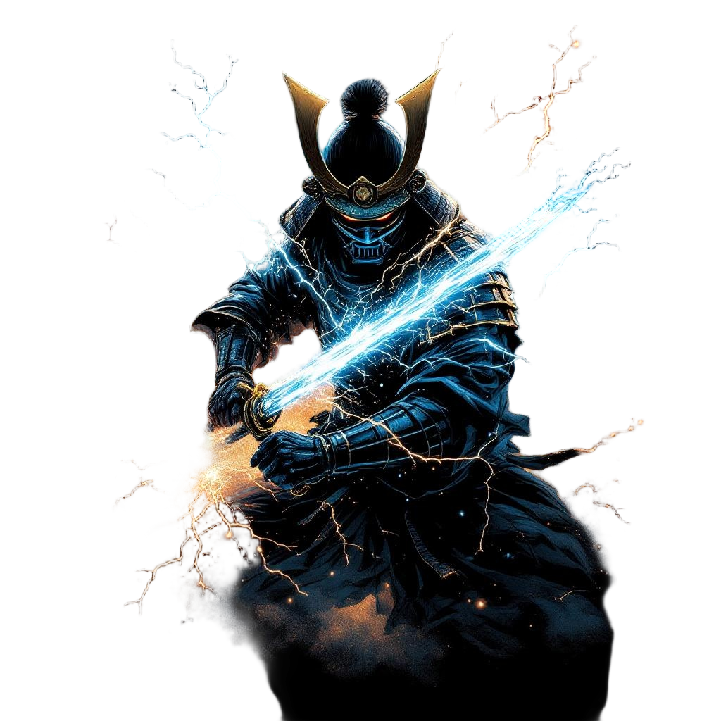 A samurai channeling lightning through their katana, electric storm around them,