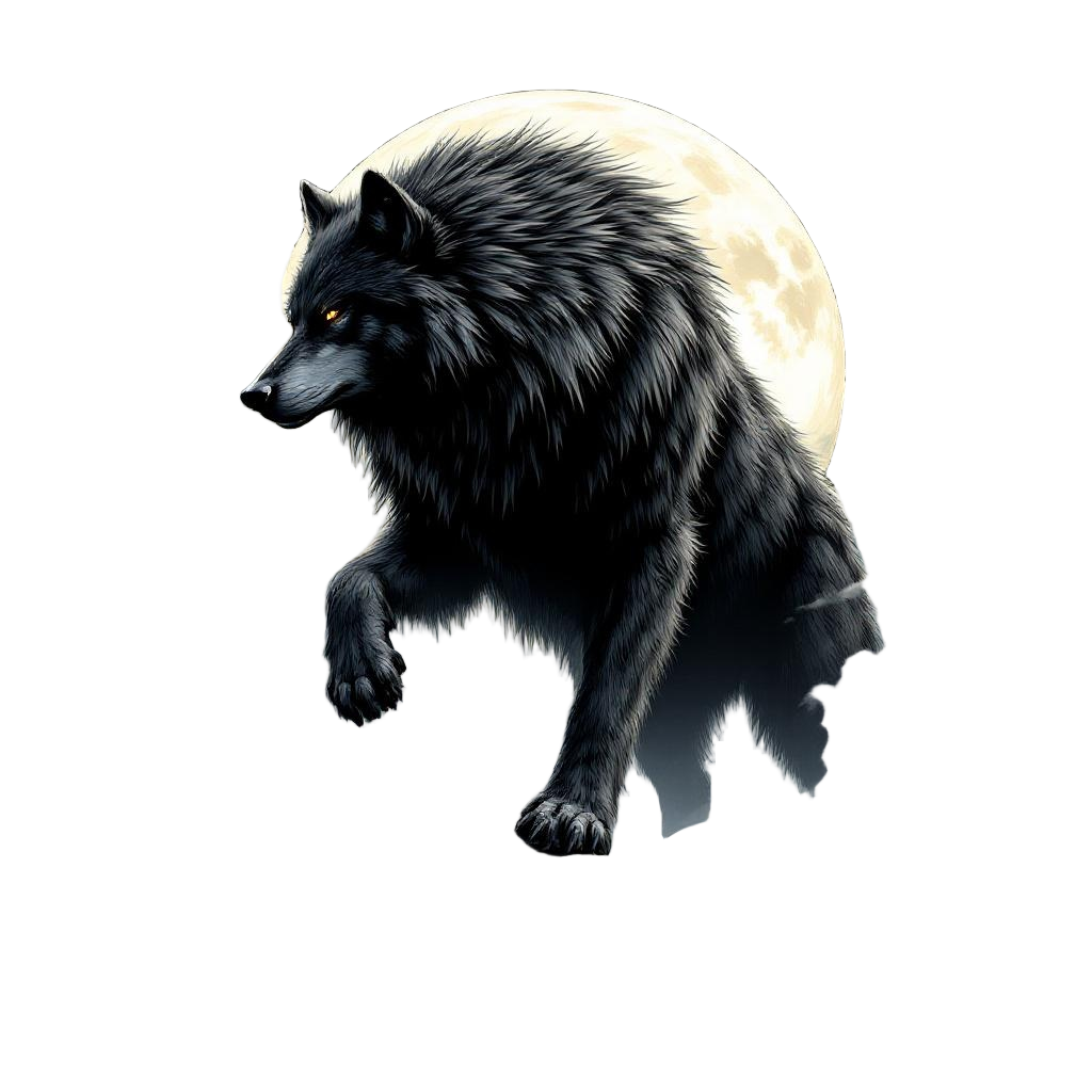 A wolf so massive it towers over mountains, walking through clouds, godlike scal