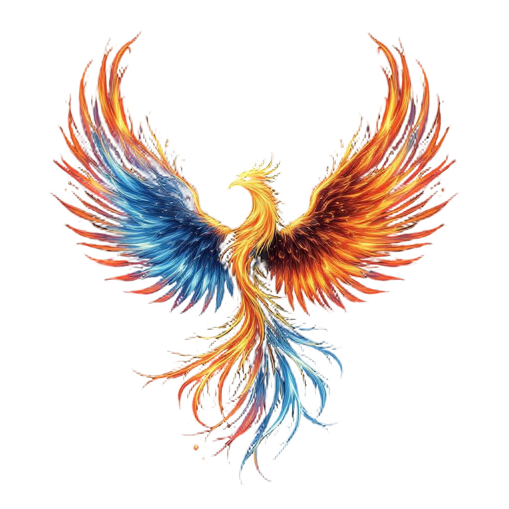 A phoenix combining all four elements — fire, water, earth, air — in its wings, 