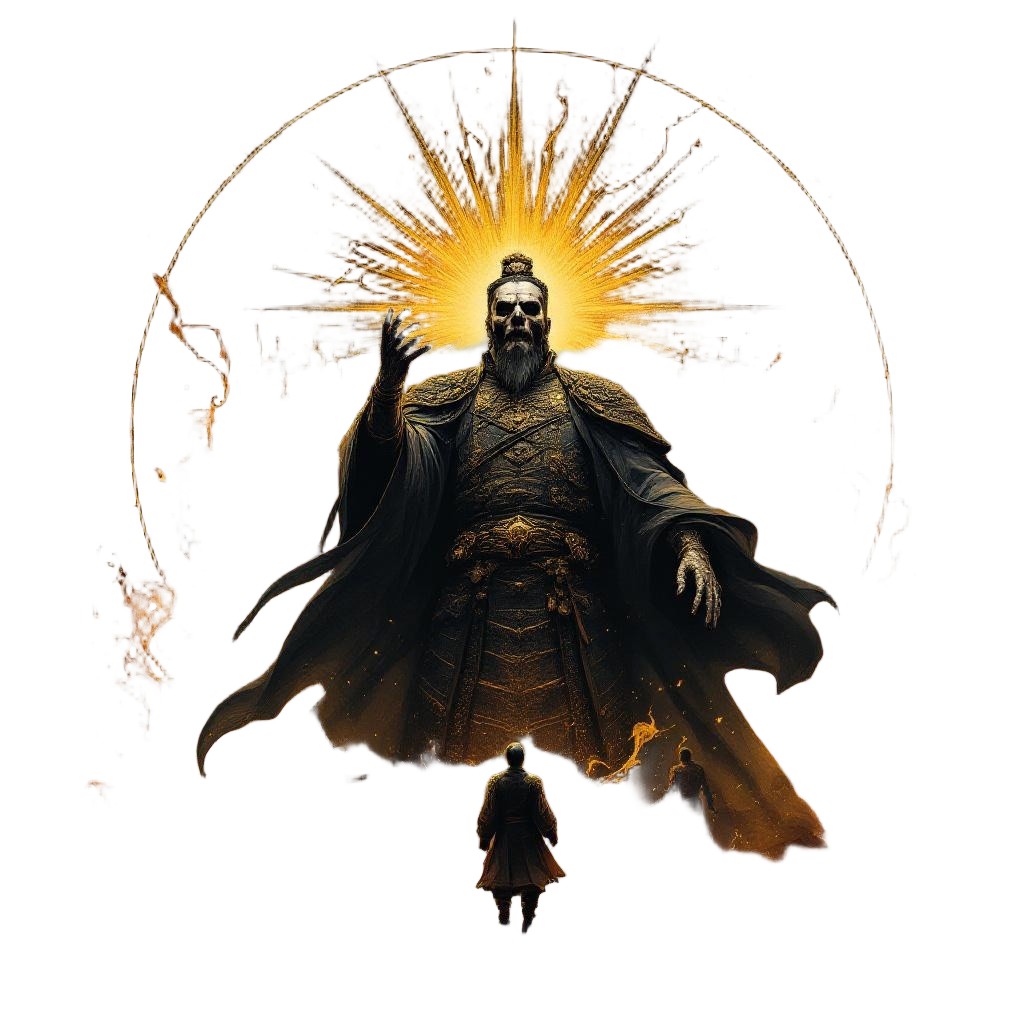 An undead Chinese emperor rising from a golden tomb, terracotta warriors awakeni